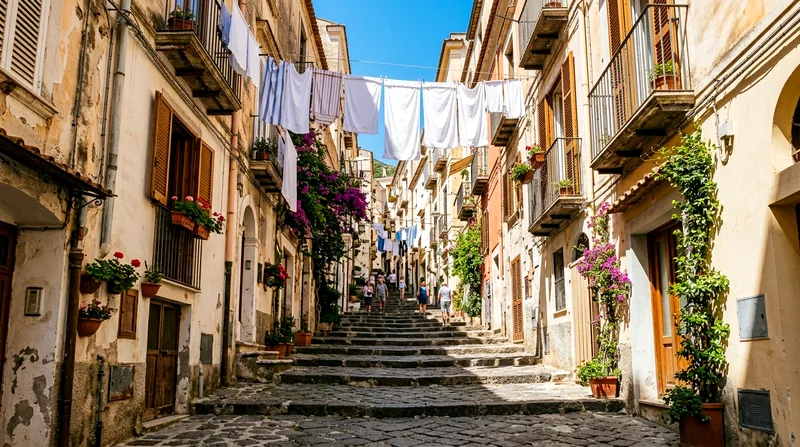 Narrow stepped cobbled street in Amalfi old town with pastel buildings and laundry hanging overhead.