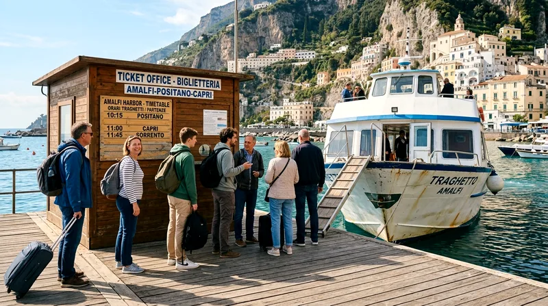 Eight passengers waiting to board a white ferry boat at Amalfi harbor with ticket office building behind.