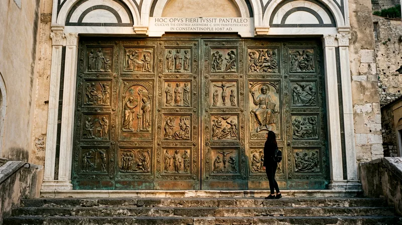 Ornate Byzantine bronze doors on San Salvatore d'Atrani church.