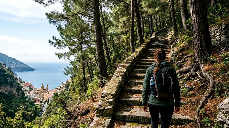 Steep stone trail climbing through forest above Atrani village.