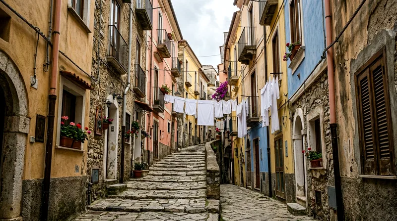 Narrow Cetara alley with colored buildings and hanging laundry.