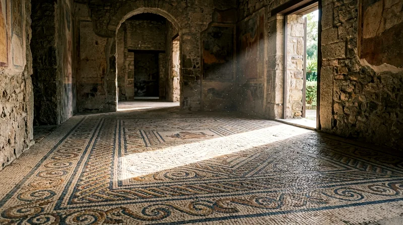Ancient Roman mosaic floor with geometric patterns in Villa Romana.
