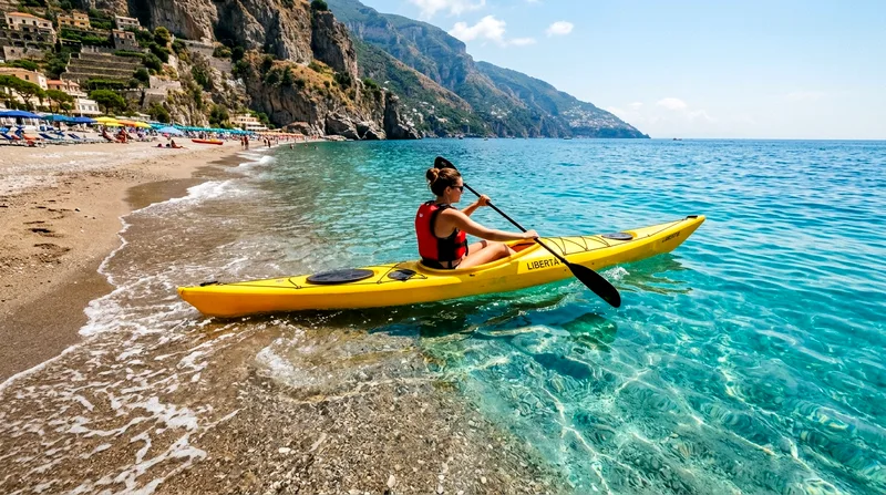 Kayak paddler launching into turquoise water from Maiori's beach.