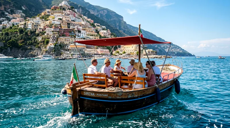 Traditional wooden gozzo boat with six passengers departing Positano harbor, pastel buildings receding behind.