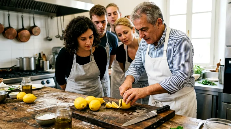 Chef demonstrating lemon-cutting technique to four students during cooking class at Positano kitchen counter.