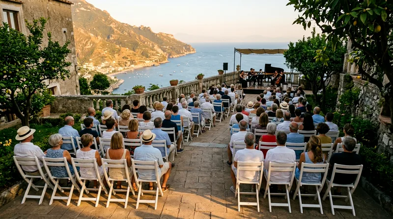 Concert audience seated on folding chairs during evening performance on Villa Rufolo's garden terrace overlooking the coast.