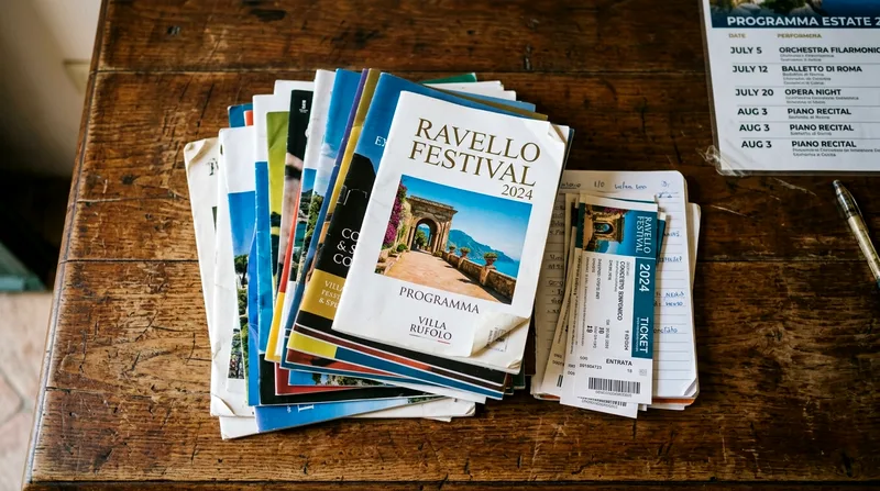 Stack of Ravello Festival programs and ticket booklets piled on table at Villa Rufolo entrance.